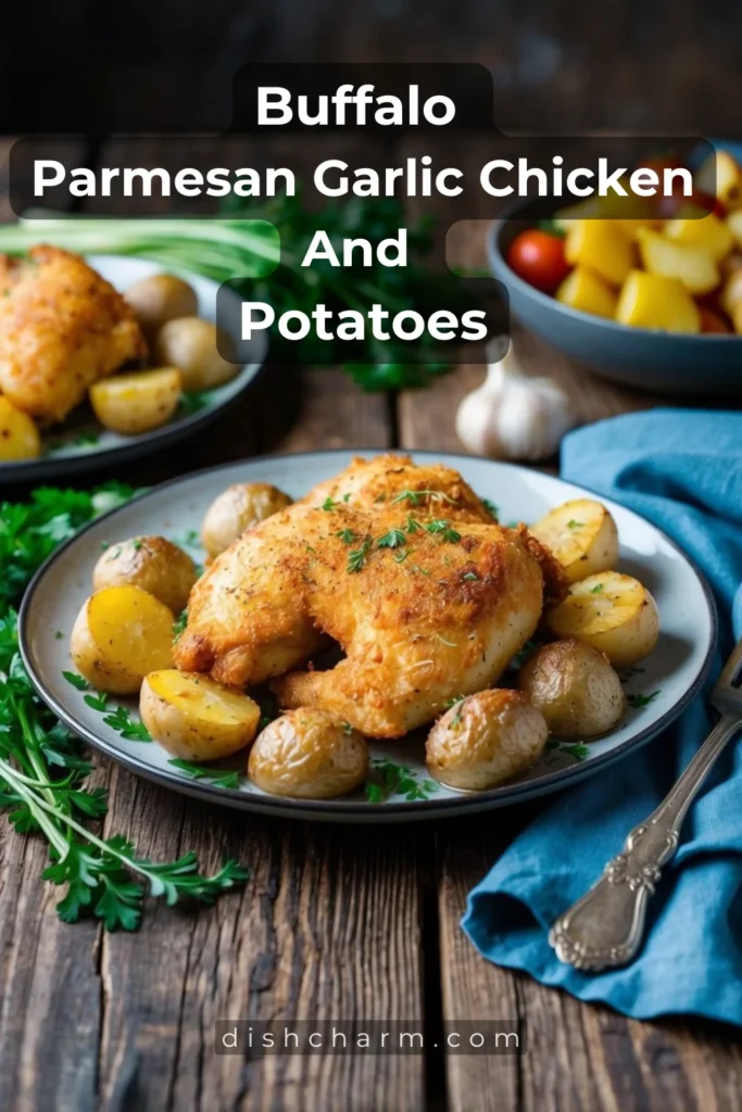 A rustic wooden table with a platter of golden-brown garlic parmesan chicken and roasted potatoes, garnished with fresh herbs and surrounded by colorful vegetables