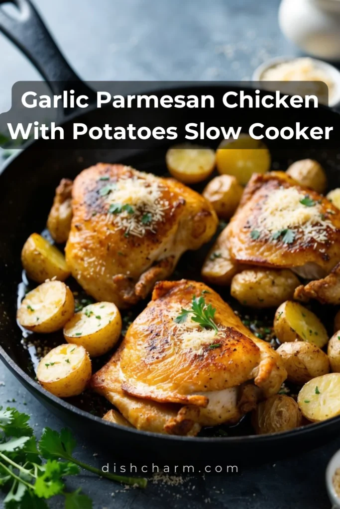 A sizzling skillet of golden-brown chicken and crispy roasted potatoes, sprinkled with aromatic garlic and Parmesan cheese