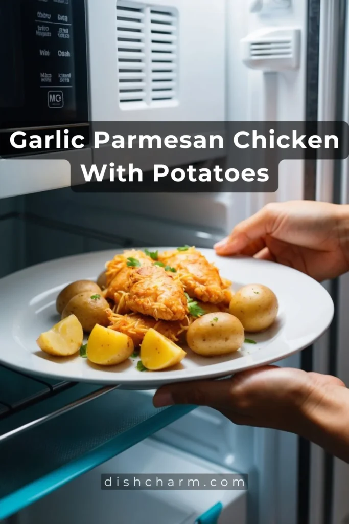 A plate of garlic parmesan chicken and potatoes being placed in the refrigerator, then later reheated in the microwave