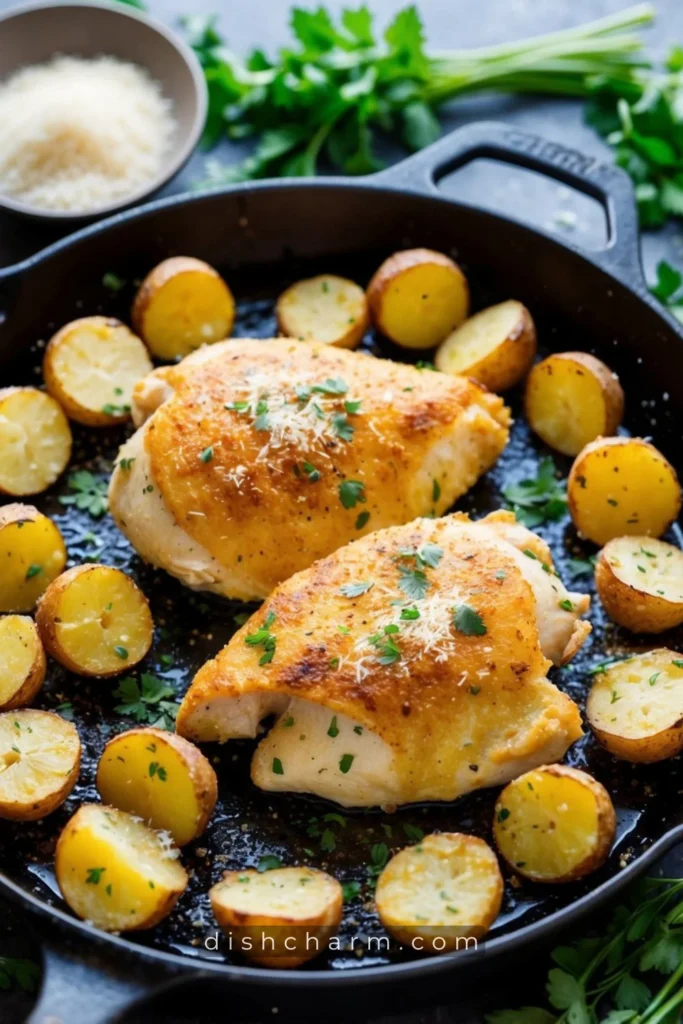 A sizzling skillet of golden-brown garlic parmesan chicken and crispy roasted potatoes, surrounded by fresh herbs and a sprinkle of grated parmesan