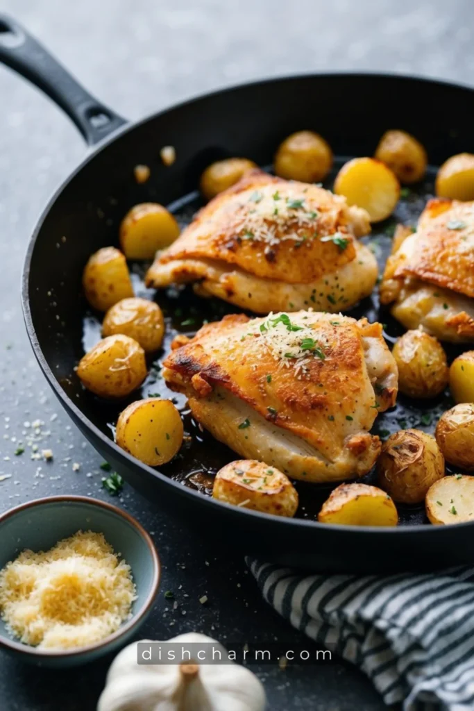 A sizzling skillet of golden-brown chicken and crispy roasted potatoes, sprinkled with savory garlic and parmesan