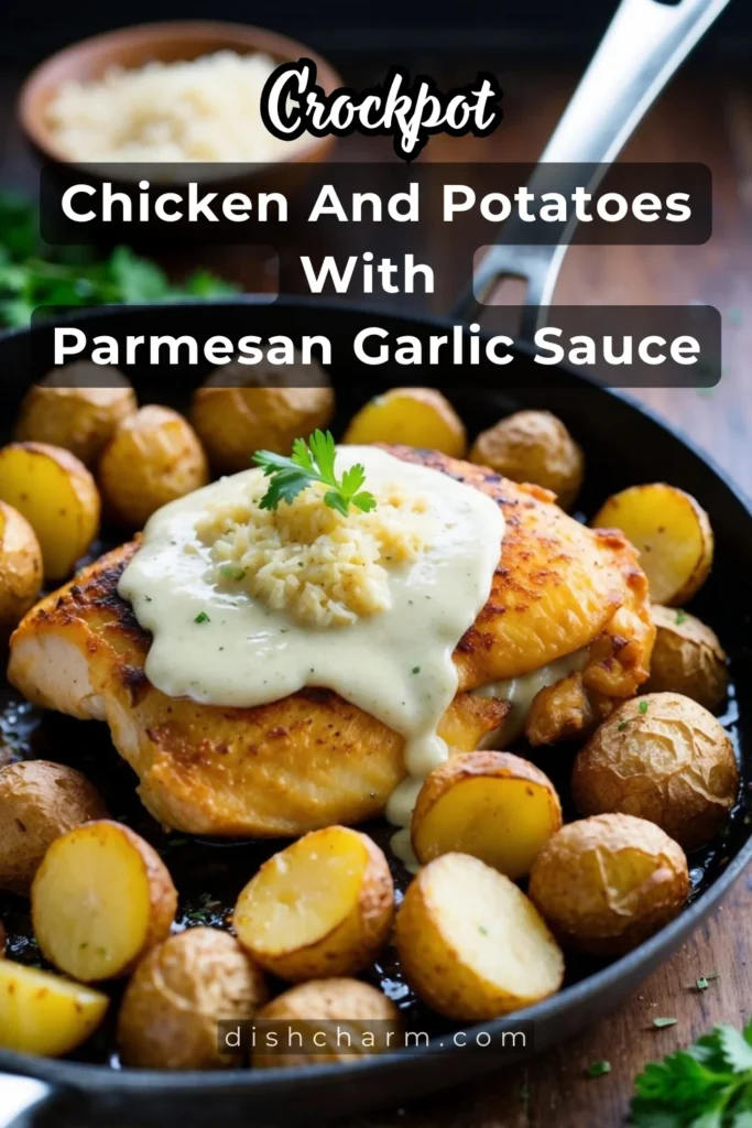 A sizzling skillet with golden-brown chicken and crispy roasted potatoes, topped with a savory garlic parmesan sauce