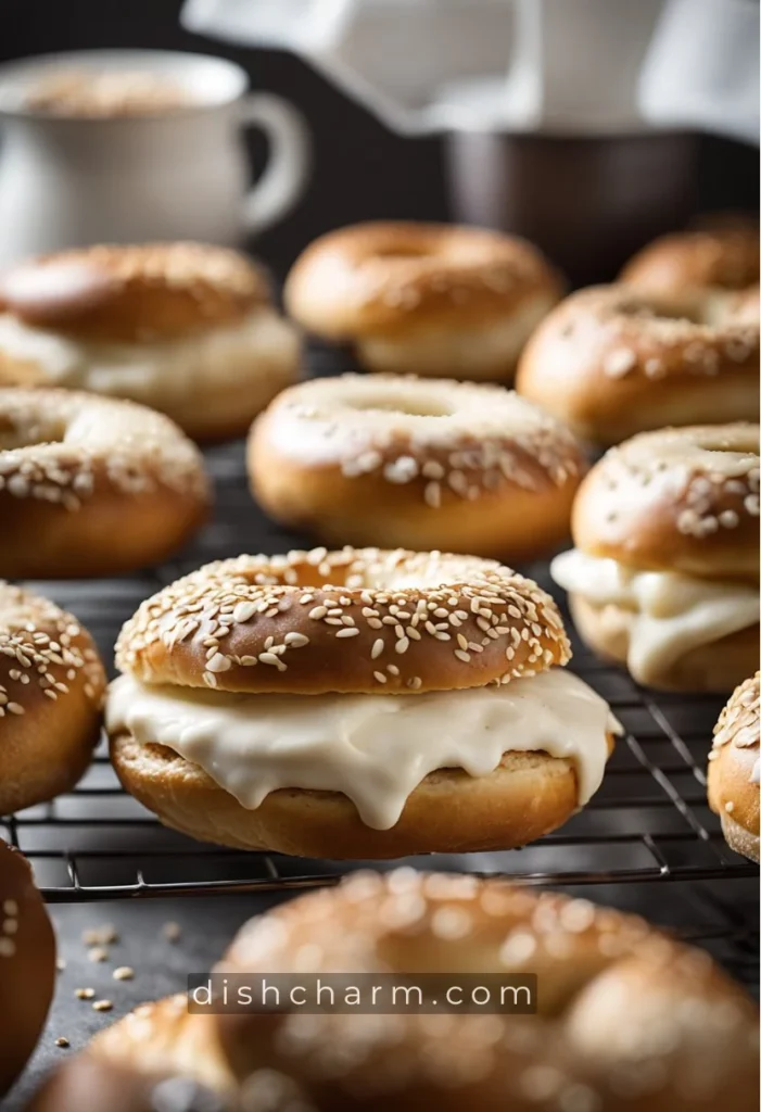 A batch of homemade yogurt bagels, soft and chewy, cooling on a wire rack with a golden brown crust and a sprinkle of sesame seeds