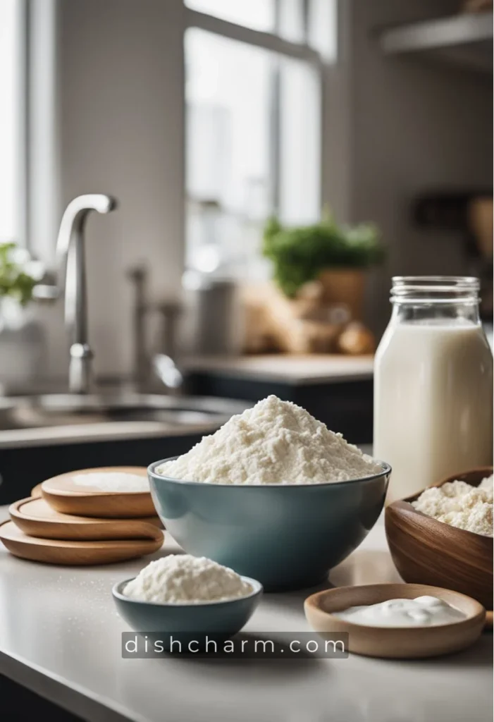 A kitchen counter with a mixing bowl, flour, yeast, milk, and a jar of homemade yogurt