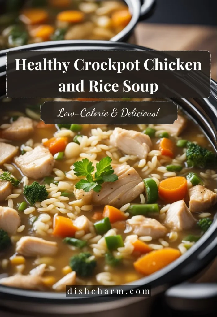 A crockpot simmering with chicken, rice, and vegetables in a savory broth, steam rising from the bubbling mixture