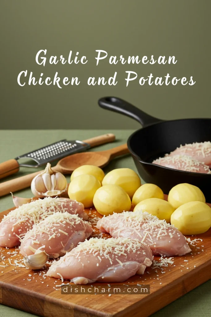 A cutting board with fresh garlic, parmesan cheese, chicken breasts, and potatoes arranged next to a skillet and various cooking utensils