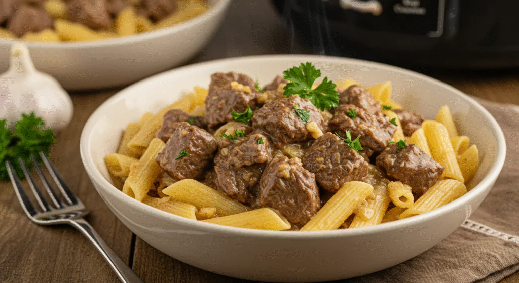 Slow-Cooker-Garlic-Beef-Pasta-recipe-feature-image