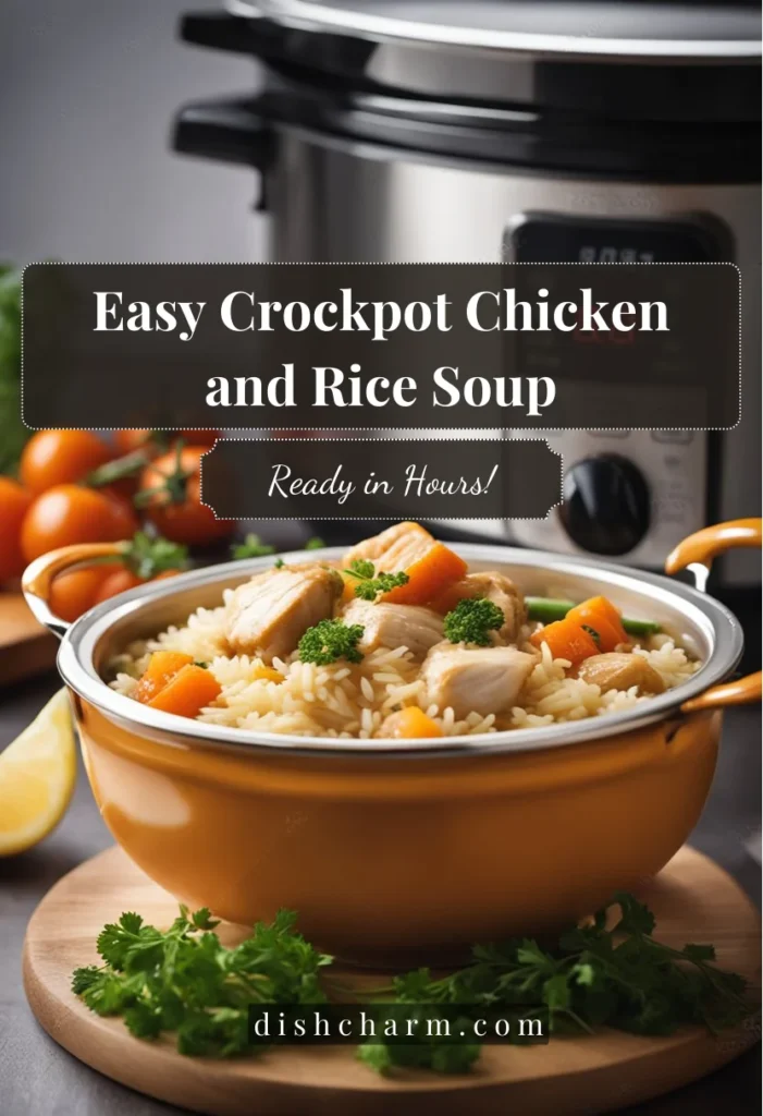 A crockpot simmering with chicken, rice, and vegetables, emitting a comforting aroma