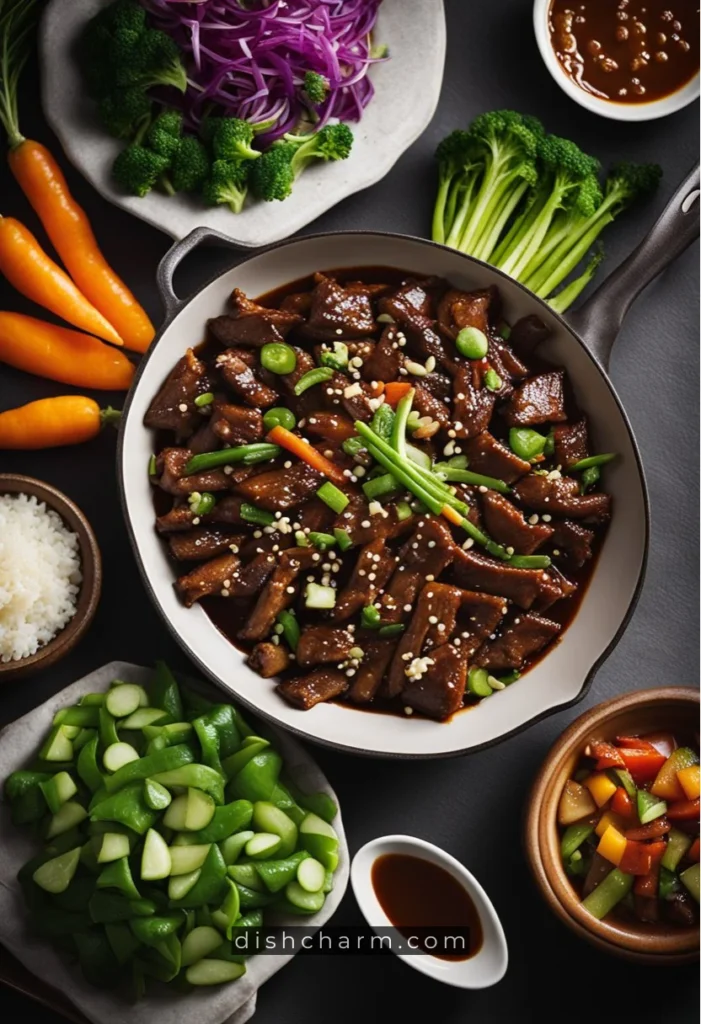 A sizzling skillet of Mongolian beef surrounded by colorful vegetables and a sweet and savory sauce