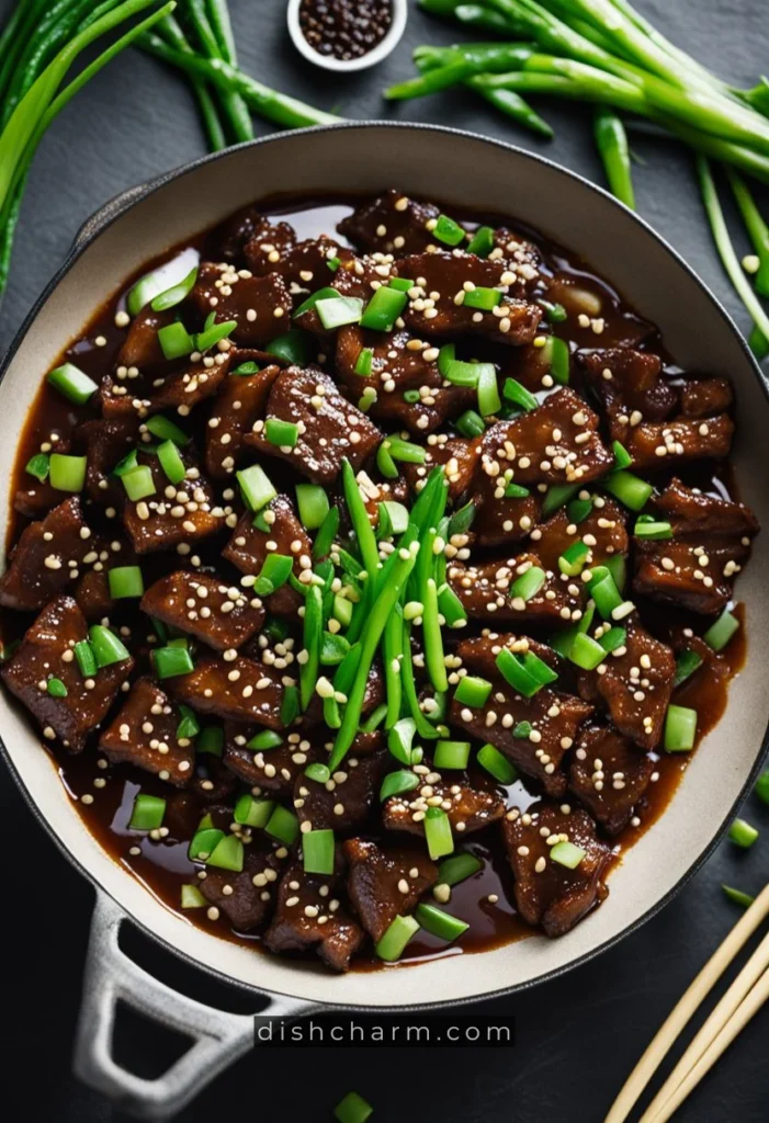 A sizzling skillet of Mongolian beef with a glossy, sweet and savory glaze, surrounded by vibrant green scallions and sesame seeds