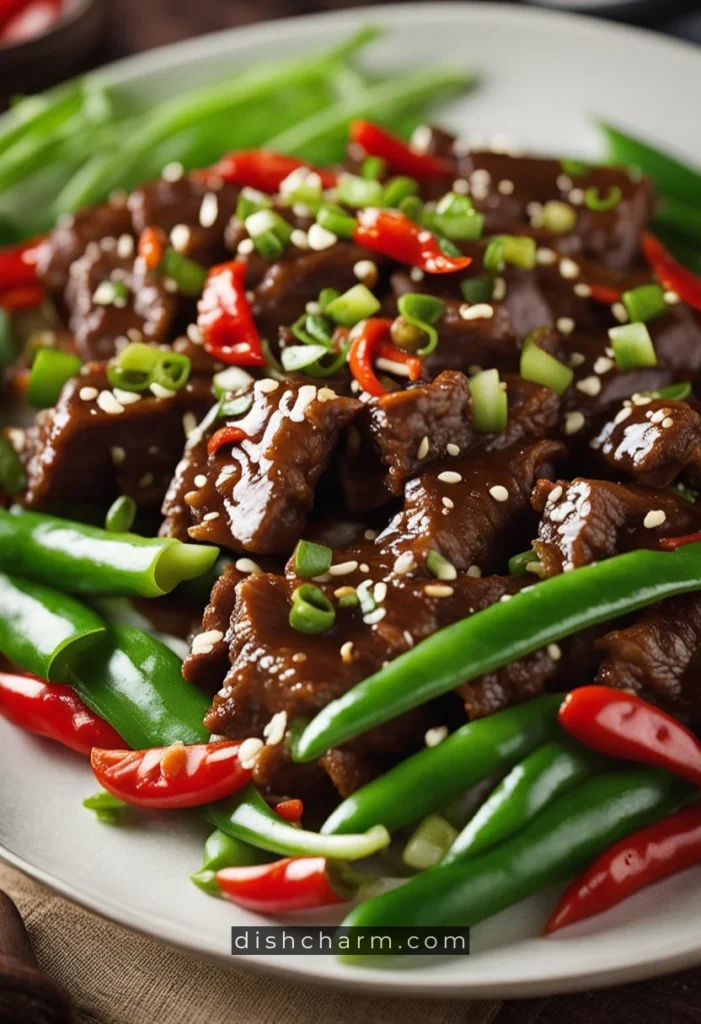 Sizzling beef strips in a sticky, sweet and savory Mongolian sauce, surrounded by vibrant green scallions and red chili peppers