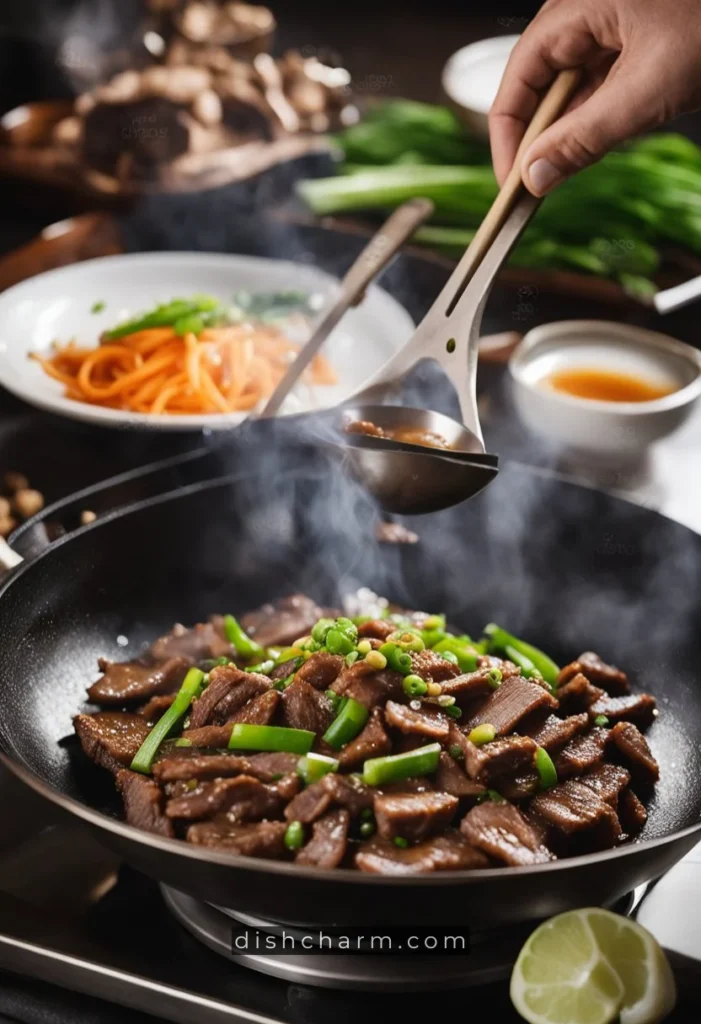 A chef stir-frying thinly sliced beef, garlic, and green onions in a sizzling hot wok, with a pan of sweet and savory Mongolian sauce nearby