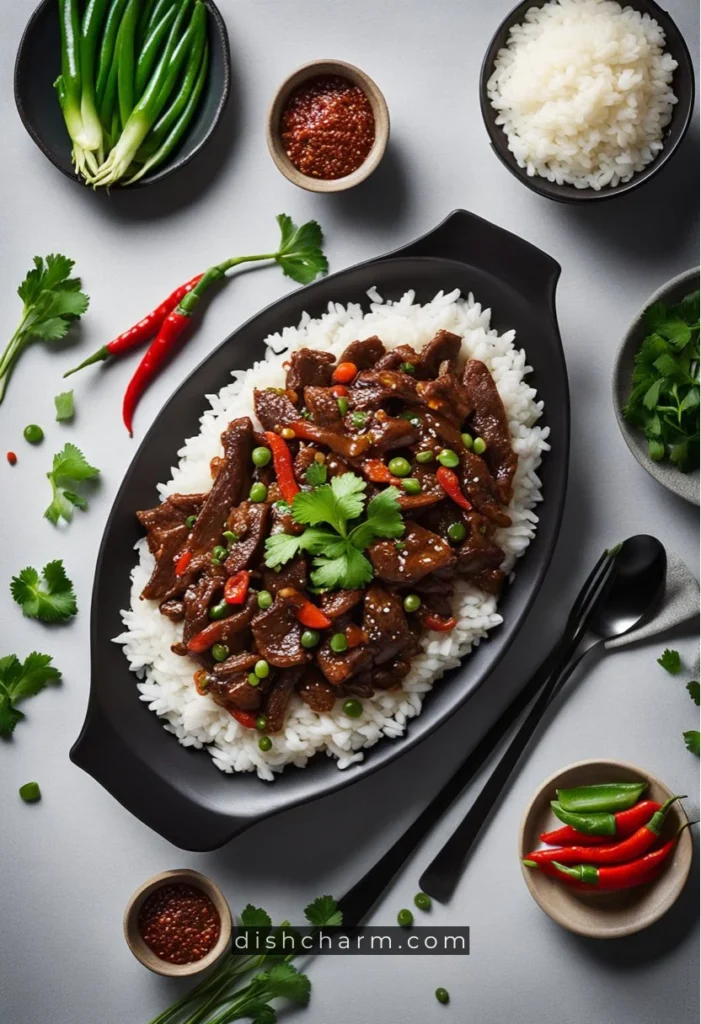 Sizzling beef strips in a rich, glossy sauce, surrounded by vibrant green scallions and red chili peppers, served over a bed of steaming white rice