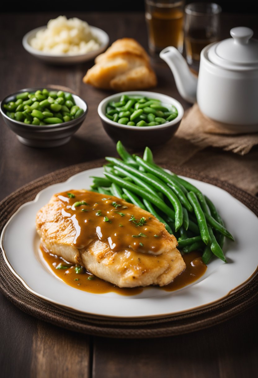 A golden-brown chicken breast covered in savory gravy, surrounded by steaming mashed potatoes and a side of green beans