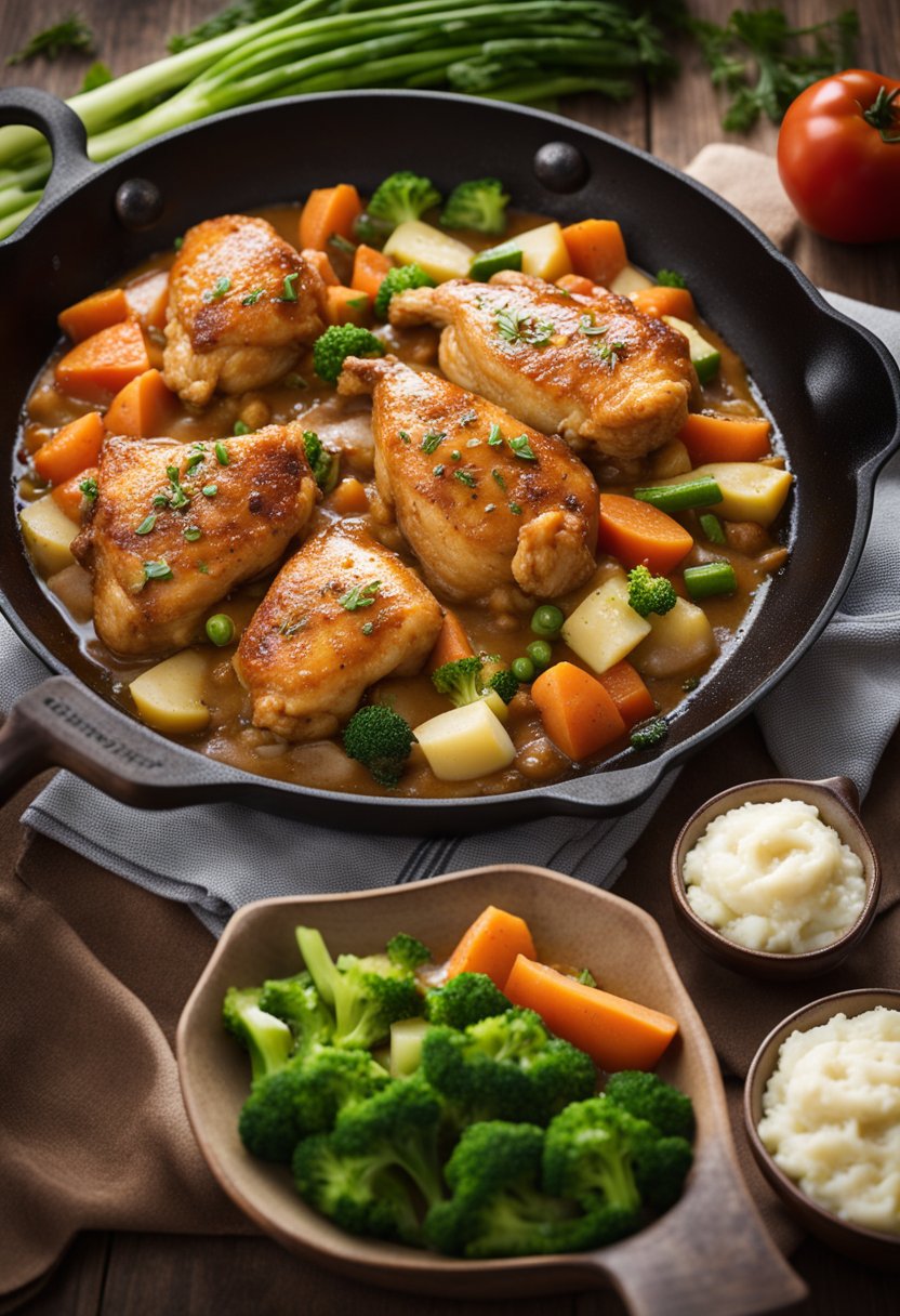 A sizzling skillet holds a golden-brown chicken smothered in a rich, savory gravy, surrounded by steaming vegetables and a side of fluffy mashed potatoes