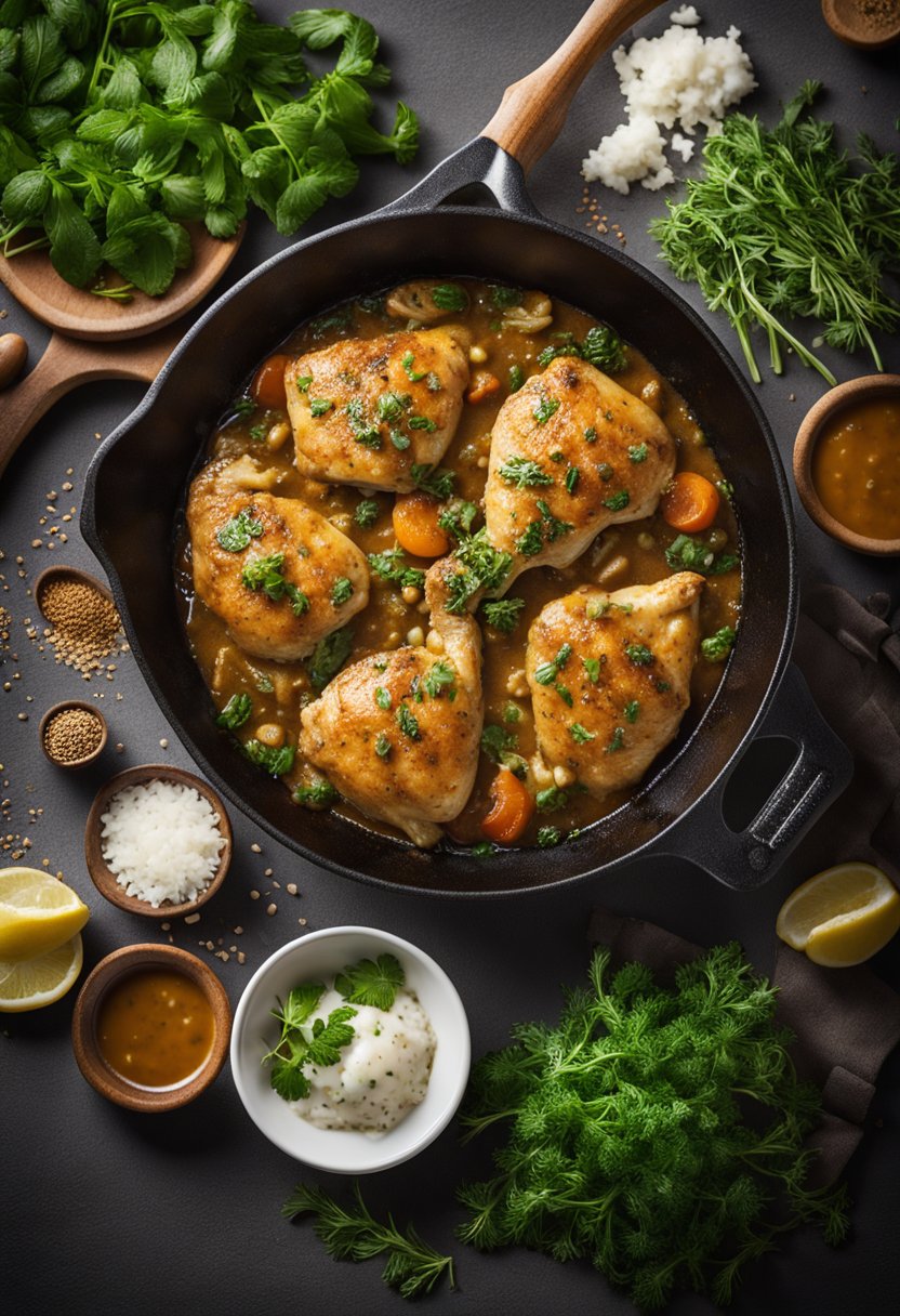 A sizzling skillet of smothered chicken in a rich, savory gravy, surrounded by fresh herbs and spices, emitting a comforting aroma