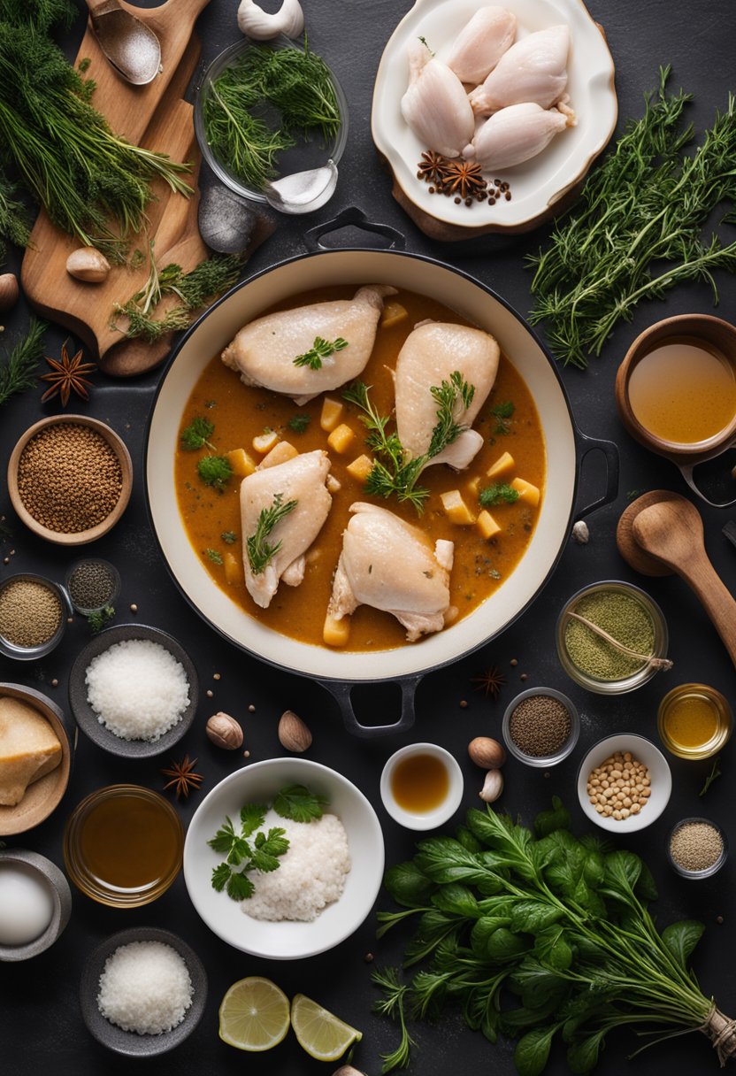 A kitchen counter with raw chicken, spices, herbs, and cooking utensils laid out for preparing smothered chicken with gravy
