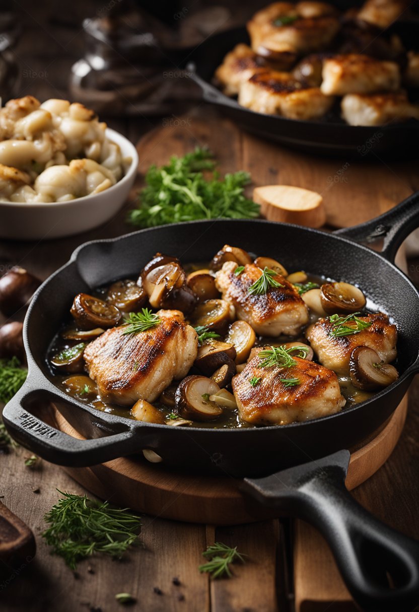 A cast iron skillet sizzling with seared chicken thighs, simmering in a rich gravy with caramelized onions and mushrooms. A sprinkle of fresh herbs adds a finishing touch
