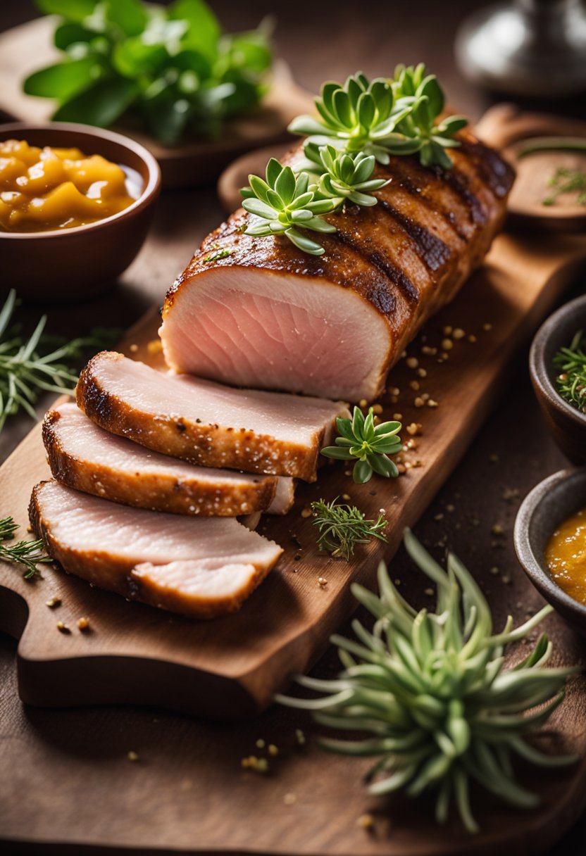 A succulent pork tenderloin, golden brown and glistening with juices, resting on a wooden cutting board surrounded by aromatic herbs and spices