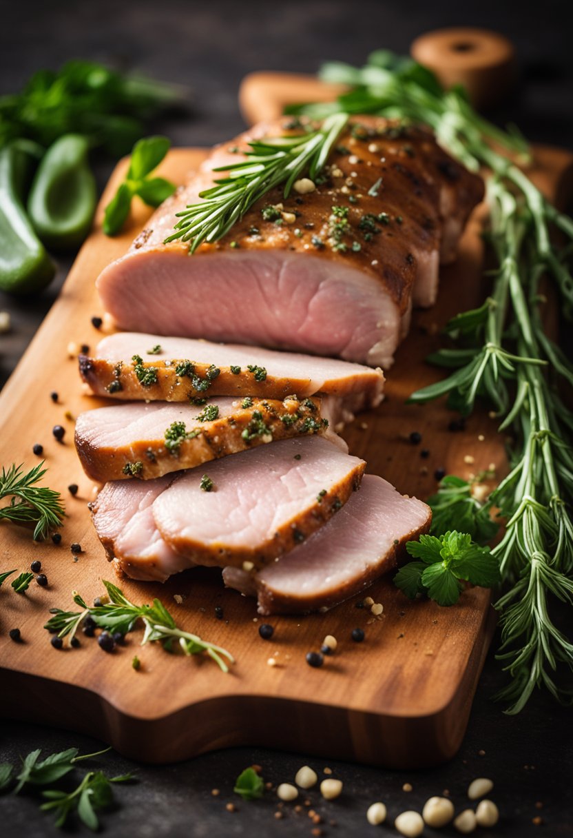 A pork tenderloin rests on a cutting board surrounded by fresh herbs and seasonings, ready to be marinated and then baked to perfection