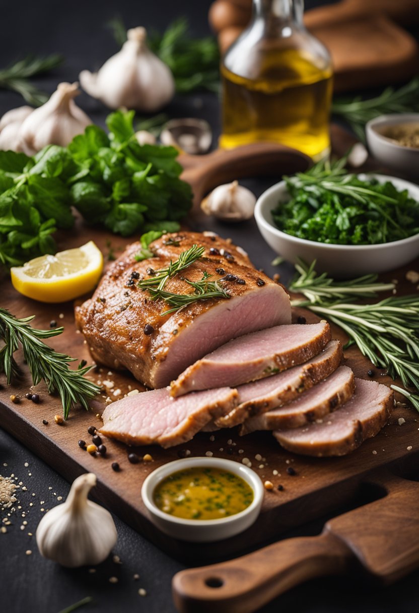 A juicy pork tenderloin being seasoned with herbs and spices on a cutting board, surrounded by fresh ingredients like garlic, rosemary, and olive oil