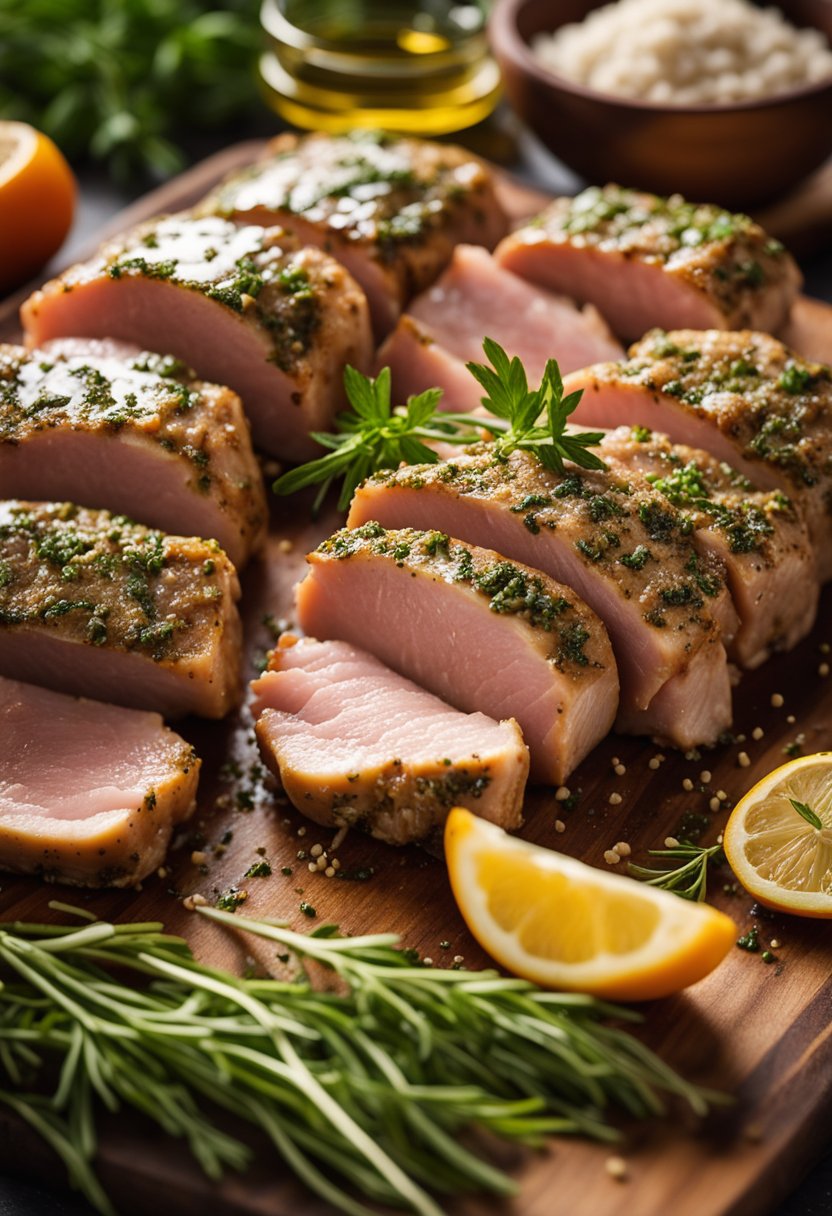 A pork tenderloin marinating in a flavorful mixture of herbs, spices, and oil, ready to be baked to juicy perfection
