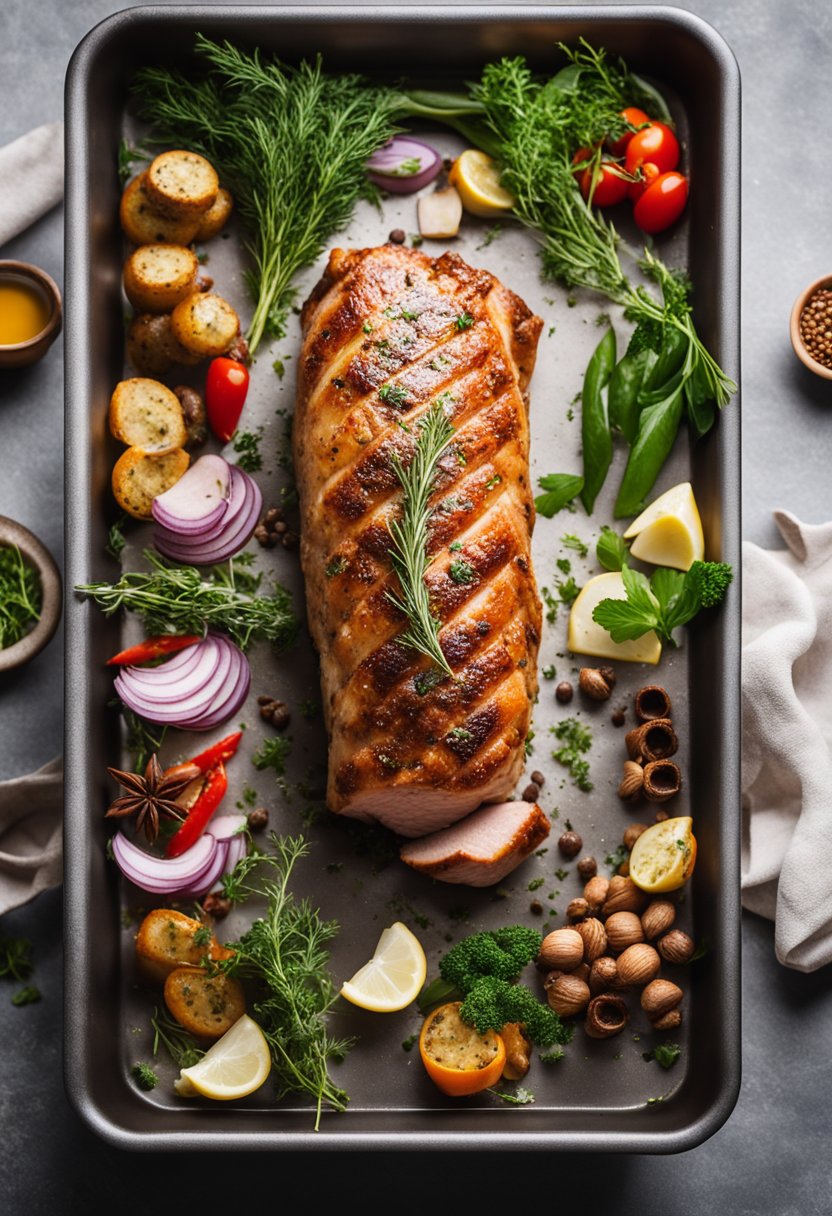 A pork tenderloin baking in the oven, surrounded by fresh herbs and spices, releasing a mouthwatering aroma