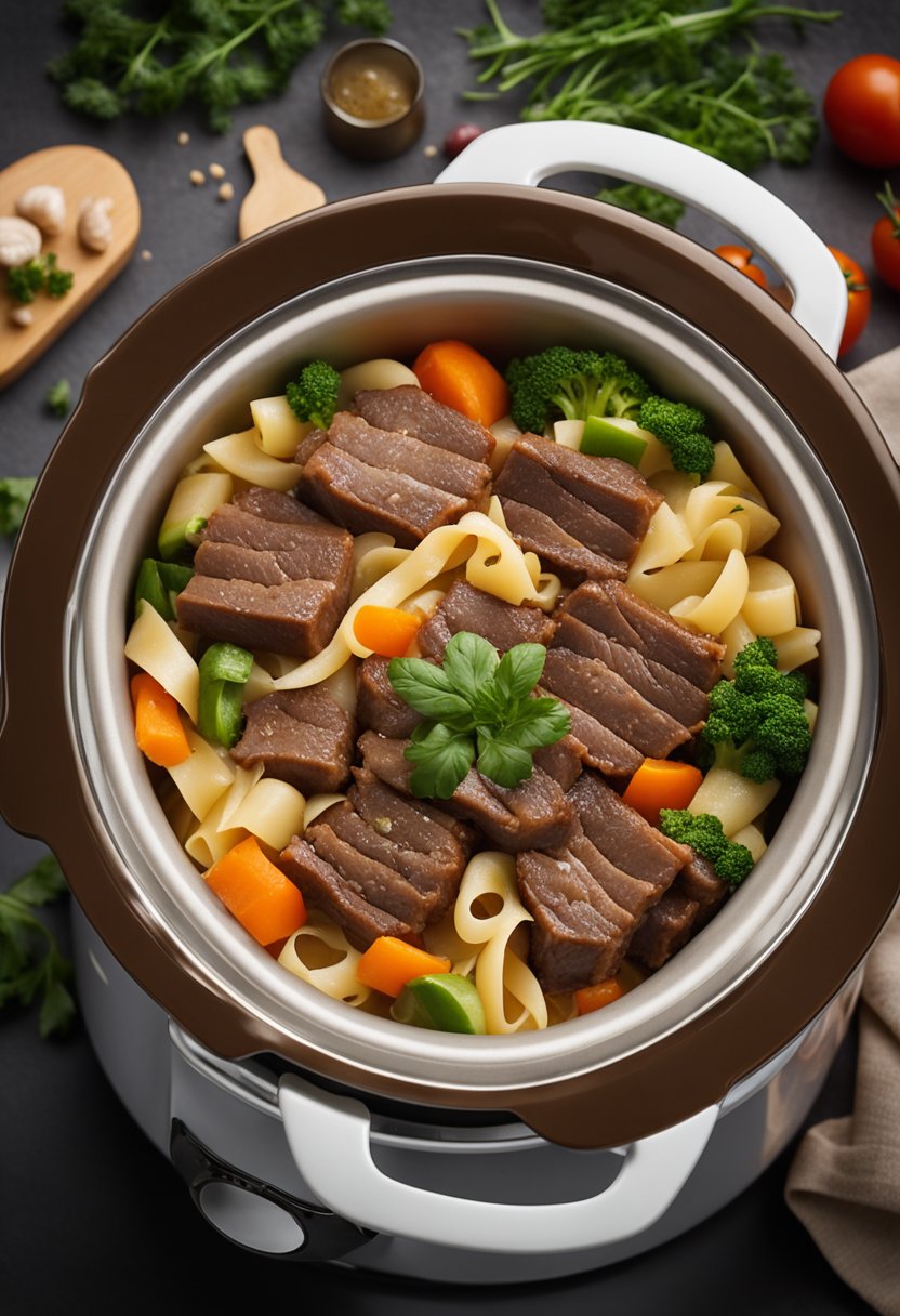 A steaming slow cooker filled with tender chunks of garlic-infused beef, surrounded by vibrant vegetables and twirling pasta