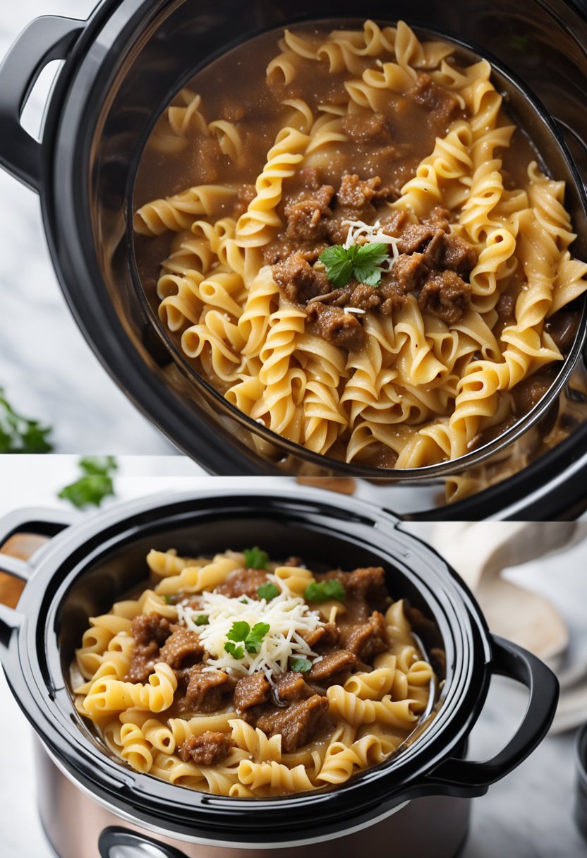 A slow cooker filled with hearty garlic beef pasta simmering on a kitchen counter, steam rising from the savory dish