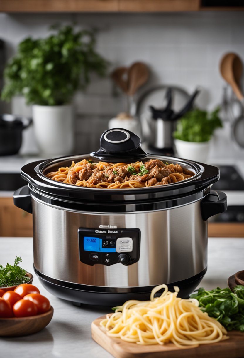 A slow cooker filled with garlic beef pasta, surrounded by ingredients like tomatoes, onions, and herbs, sits on a kitchen counter