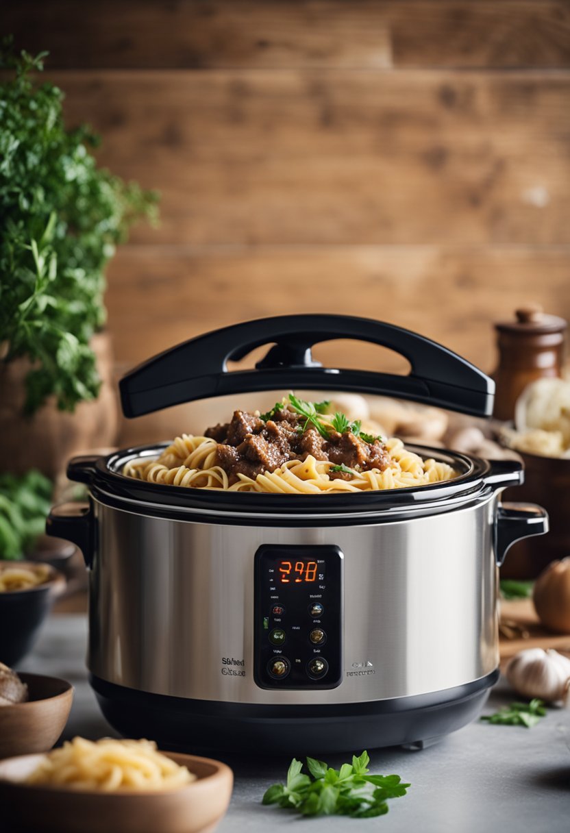 A slow cooker filled with garlic beef pasta simmering with herbs and spices. Rich aroma fills the kitchen, steam rising from the bubbling mixture