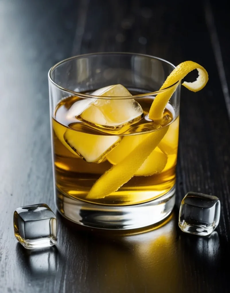A glass filled with a golden liquid, garnished with a twist of lemon peel, and surrounded by a few ice cubes on a dark wooden surface