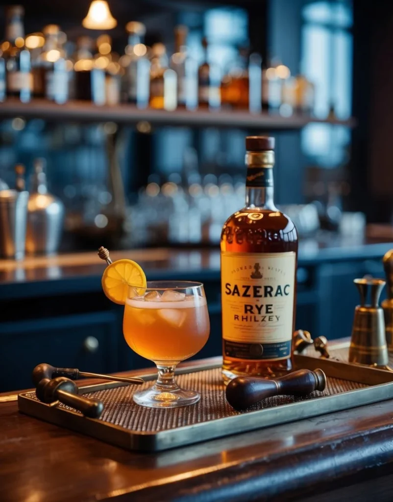 A classic Sazerac cocktail sits on a vintage bar counter, surrounded by antique bar tools and a bottle of rye whiskey