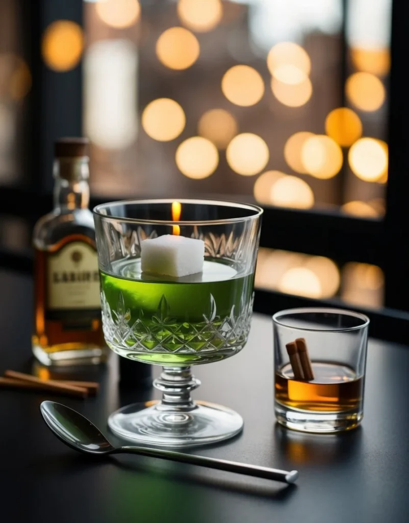 A table set with a crystal glass, absinthe, sugar cube, bitters, and whiskey, with a slotted spoon and matches nearby