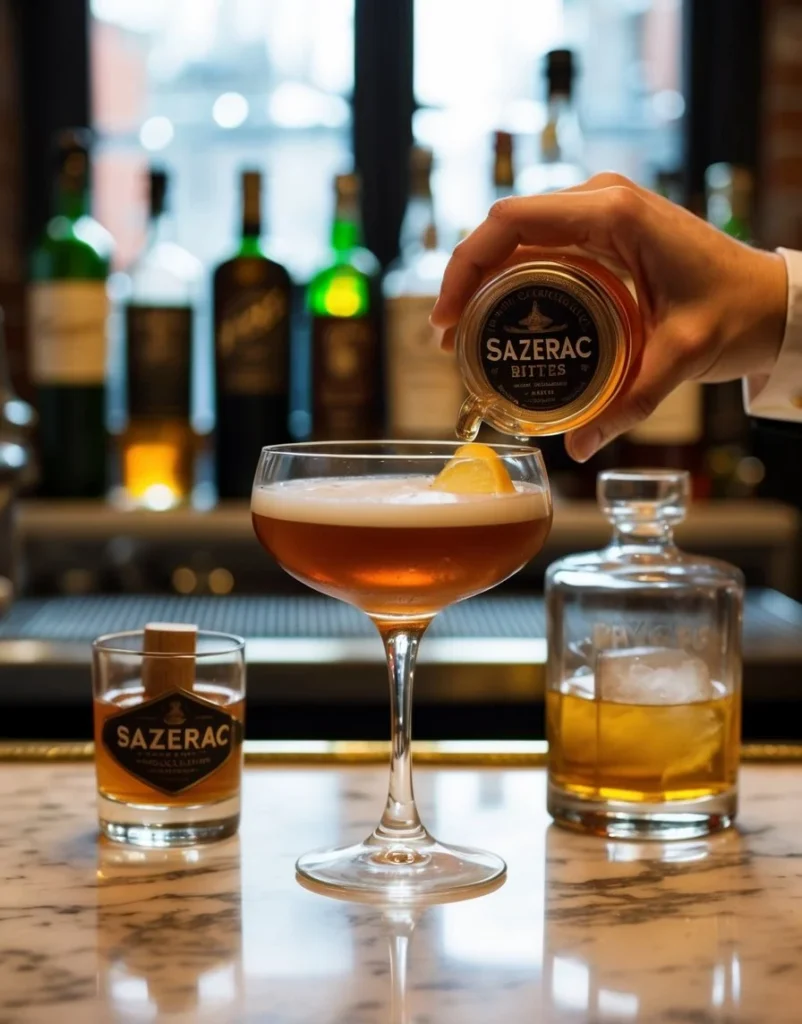 A Sazerac cocktail being prepared with Peychaud's Bitters, absinthe, sugar, and rye whiskey in a vintage glass on a marble bar counter