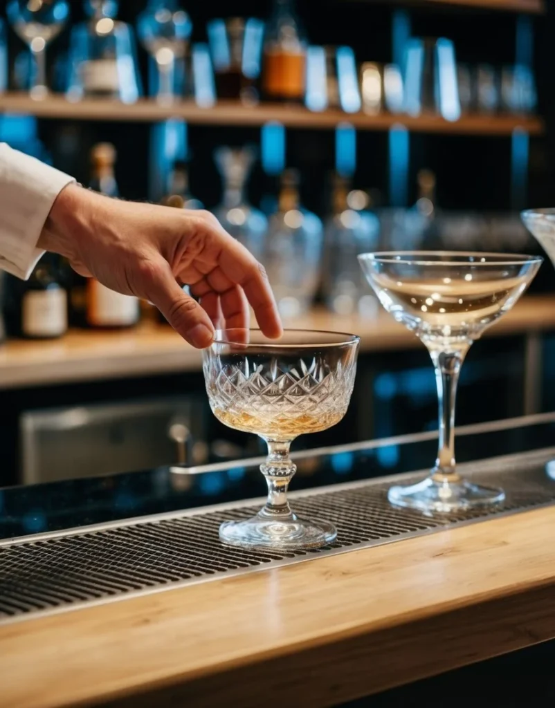 A hand reaches for a vintage coupe glass on a bar counter, surrounded by a selection of different types of glassware