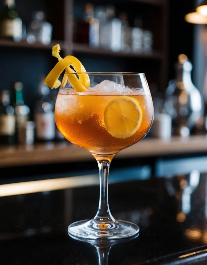 A glass filled with a Sazerac cocktail, garnished with a lemon twist and a sugar cube, placed on a bar counter