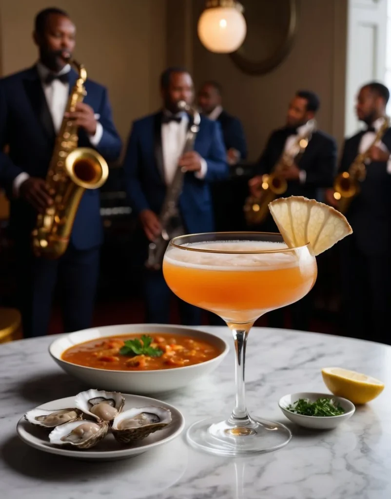A Sazerac cocktail sits on a marble table next to a plate of oysters and a bowl of spicy gumbo, with a jazz band in the background