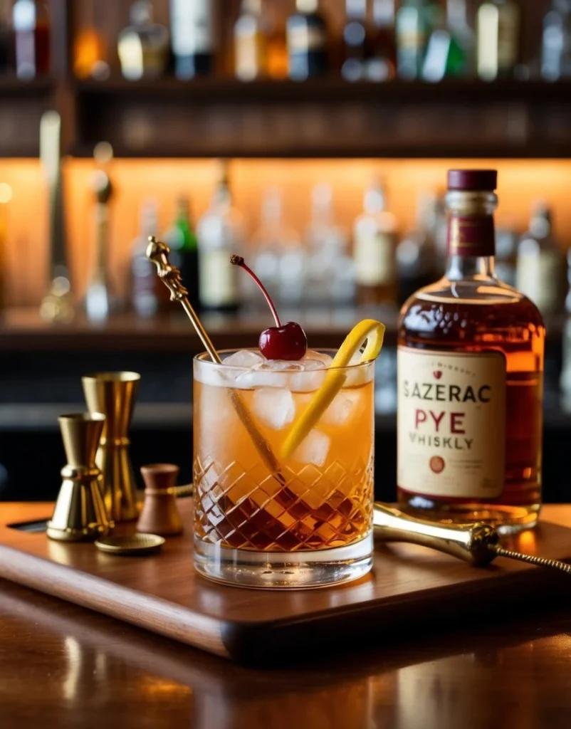 A classic Sazerac cocktail sits on a wooden bar top, garnished with a twist of lemon and a cherry, surrounded by vintage bar tools and a bottle of rye whiskey