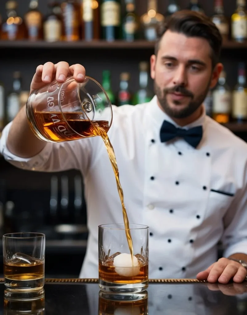 A bartender pours whiskey, sugar, and bitters into a glass, then swirls it with absinthe, creating a Sazerac cocktail