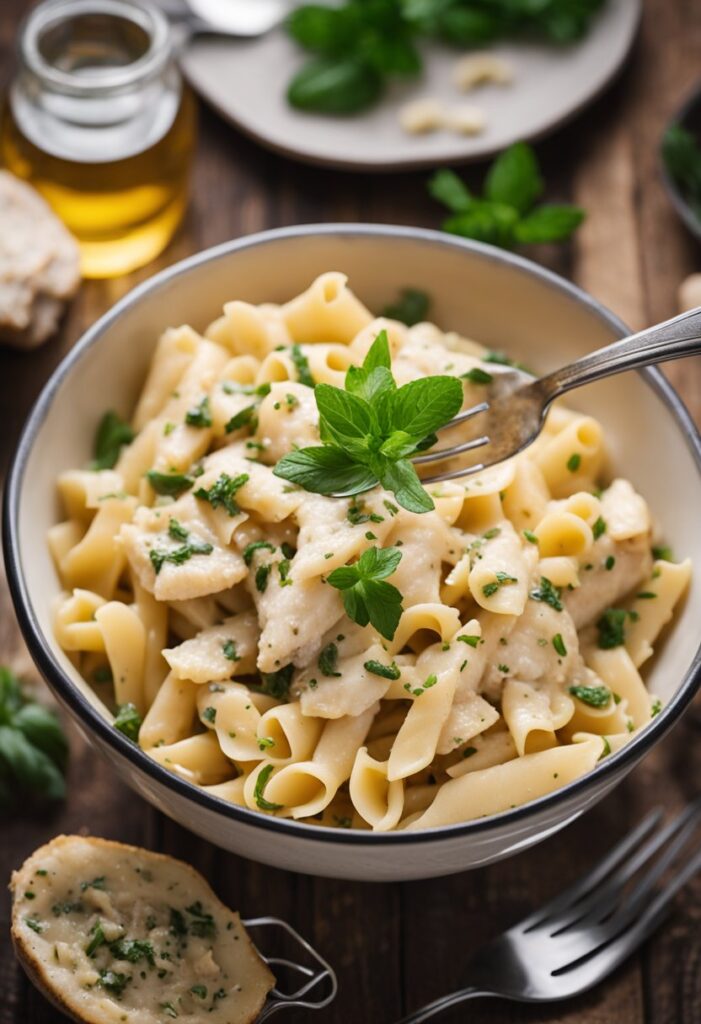 A steaming bowl of creamy garlic parmesan chicken pasta, garnished with fresh herbs, sits on a rustic wooden table. A fork rests beside the bowl, ready to dive in