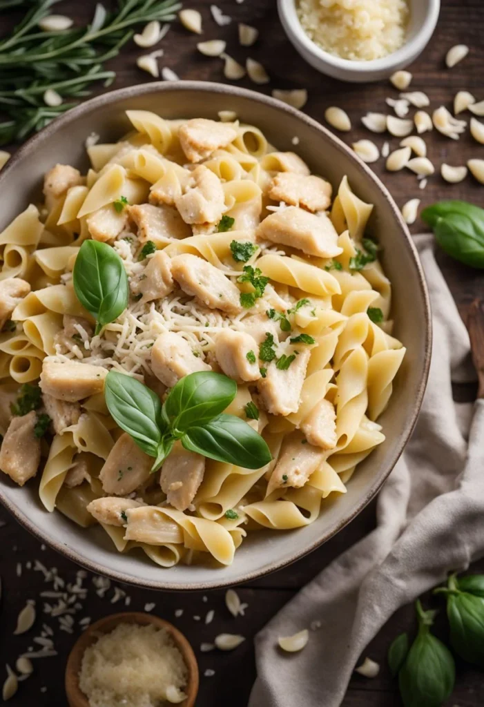 A steaming bowl of creamy garlic parmesan chicken pasta on a rustic wooden table, surrounded by scattered garlic cloves and parmesan cheese shavings