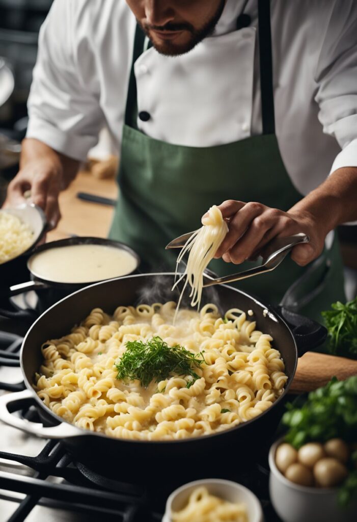 A chef stirring creamy garlic parmesan sauce in a sizzling pan, while a pot of boiling pasta sits nearby. Chopped chicken and fresh herbs wait to be added