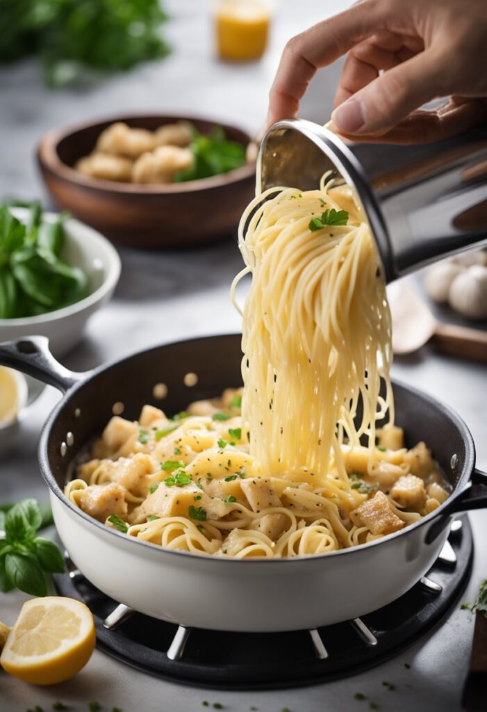 A pot of boiling pasta, a sizzling skillet of garlic parmesan chicken, and a creamy sauce being poured over the dish