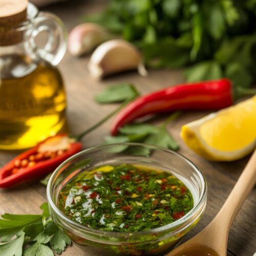 A bowl of green chimichurri sauce on a wooden table surrounded by fresh parsley, garlic, red chili pepper, lemon wedge, and olive oil.