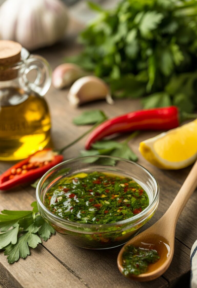 A bowl of green chimichurri sauce on a wooden table surrounded by fresh parsley, garlic, red chili pepper, lemon wedge, and olive oil.