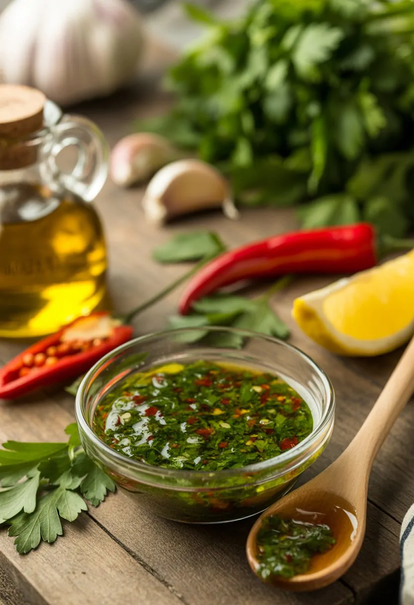 A bowl of green chimichurri sauce on a wooden table surrounded by fresh parsley, garlic, red chili pepper, lemon wedge, and olive oil.