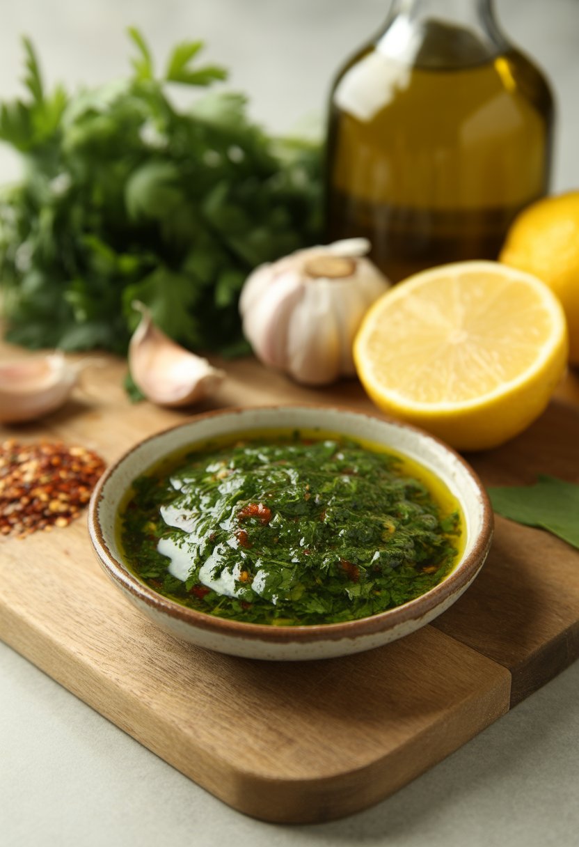 A bowl of chimichurri sauce on a wooden board surrounded by fresh parsley, garlic, chili flakes, olive oil, and lemon.