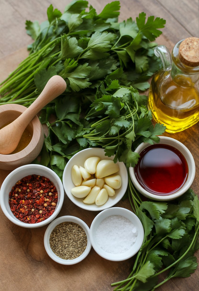 Fresh ingredients for chimichurri sauce arranged on a wooden surface, including parsley, cilantro, garlic, chili flakes, salt, pepper, vinegar, and olive oil.