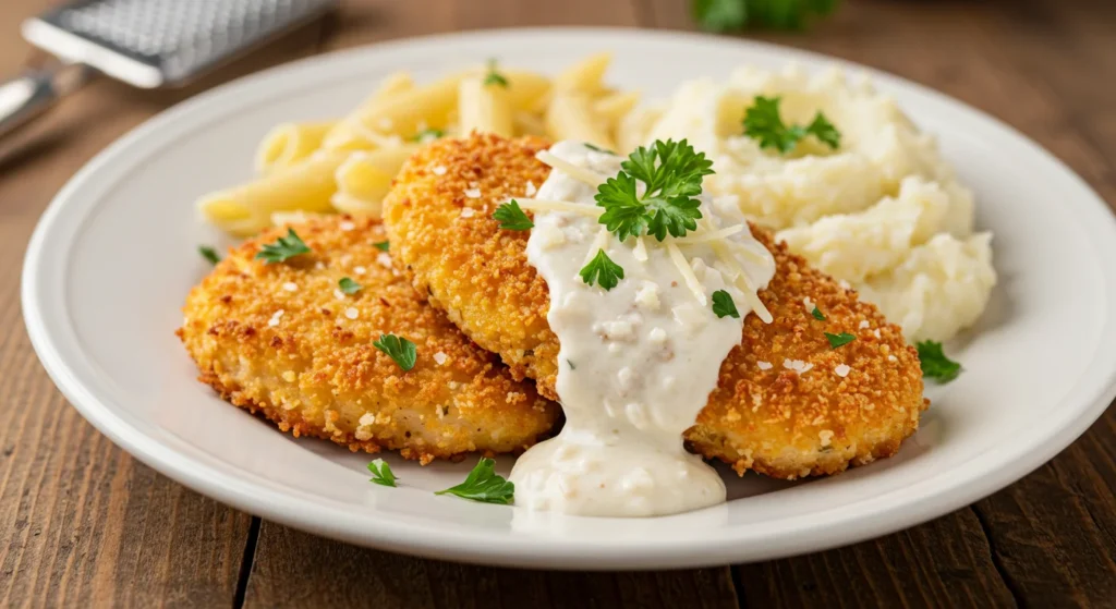Crispy Parmesan Chicken with Garlic Cream Sauce feature image